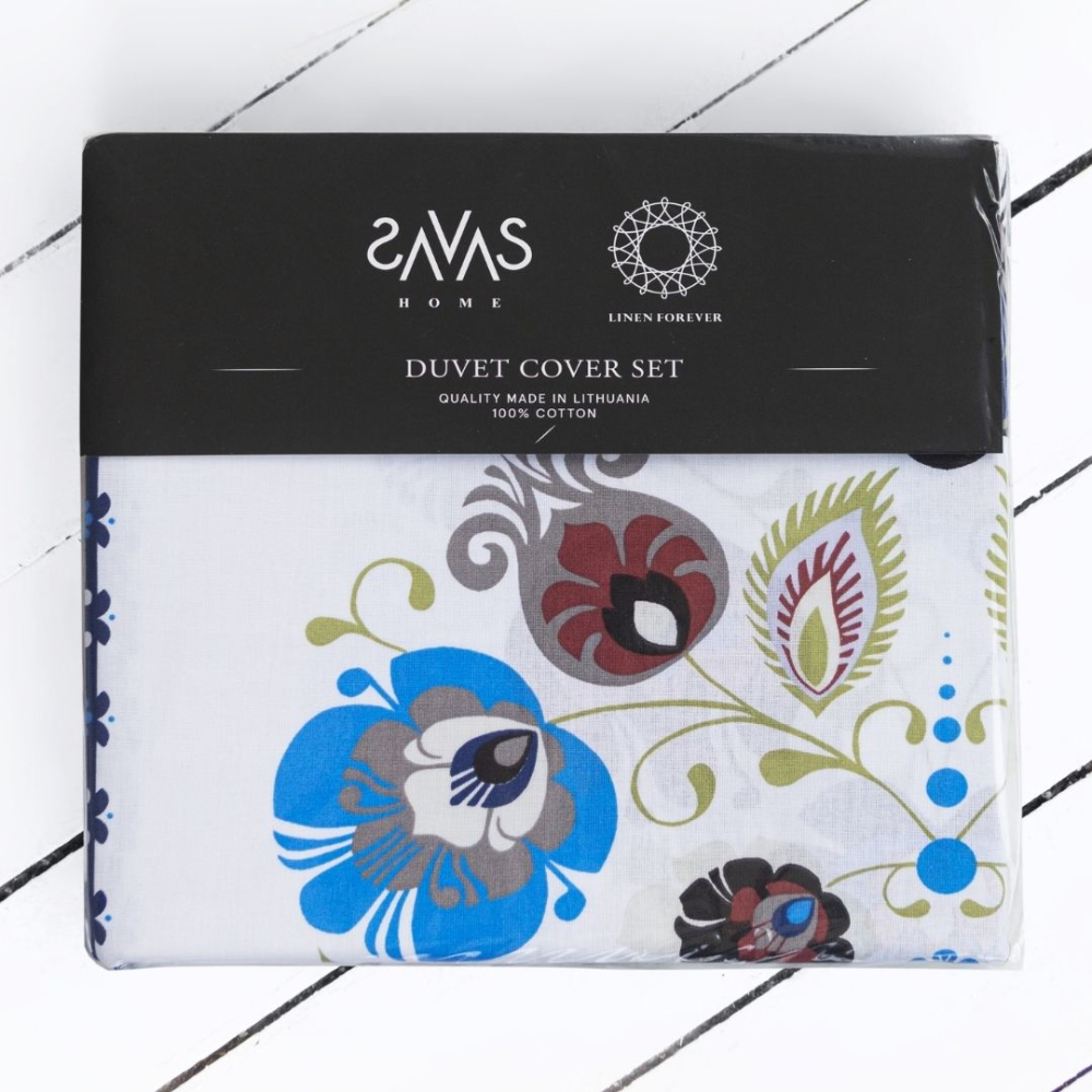 Bedding Set „Blue folk“. Bedding sets with plants, 140x200 cm, 160x200 cm, 200x200 cm, 200x220 cm. Soft bedding with blue and beige accents