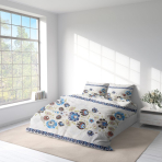 Bedding Set „Blue folk“. Bedding sets with plants, 140x200 cm, 160x200 cm, 200x200 cm, 200x220 cm. White bedding with delicate flower motifs