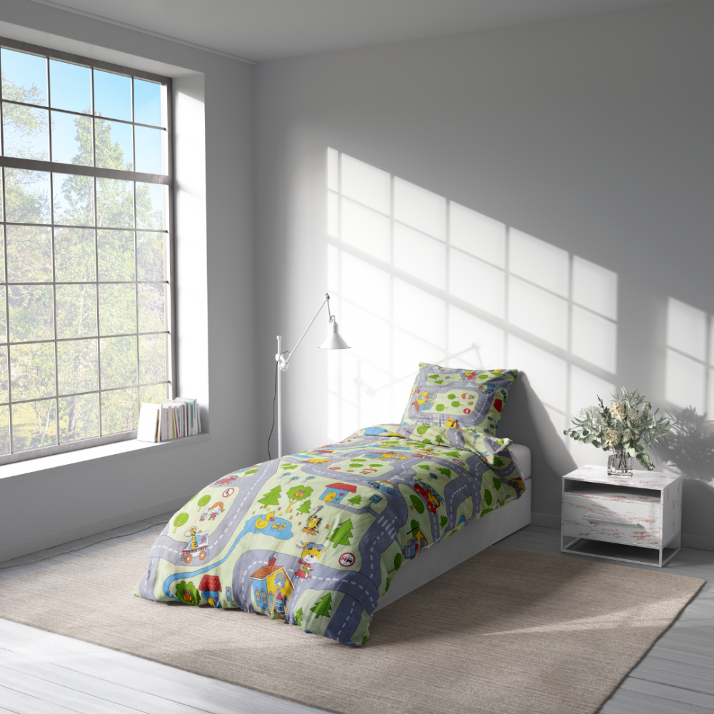 Children’s Bedding Set „Fun city”. Baby bedding, 90x120 cm, 100x135 cm, 100x140 cm, 110x140 cm, 140x200 cm, 150x200 cm