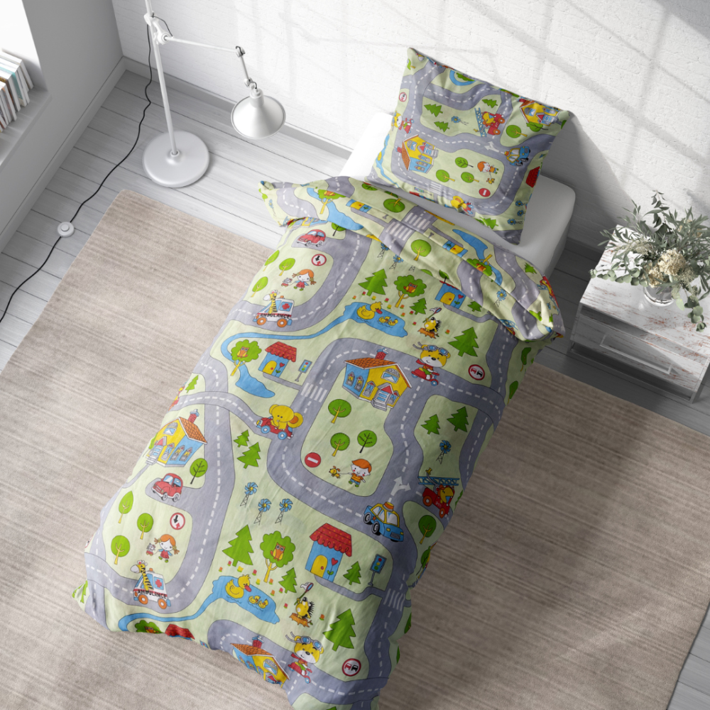 Children’s Bedding Set „Fun city”. Baby bedding, 90x120 cm, 100x135 cm, 100x140 cm, 110x140 cm, 140x200 cm, 150x200 cm