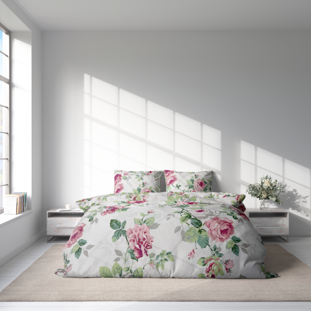 Bedding Set „Asami“. Bedding sets 200x220, 180x200 cm. Rose design on a light background