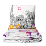 Children’s Bedding Set „Eiffel violet”. Patterned bedding sets, 140x200 cm. Bedding set featuring paris landmarks and illustrated girls.