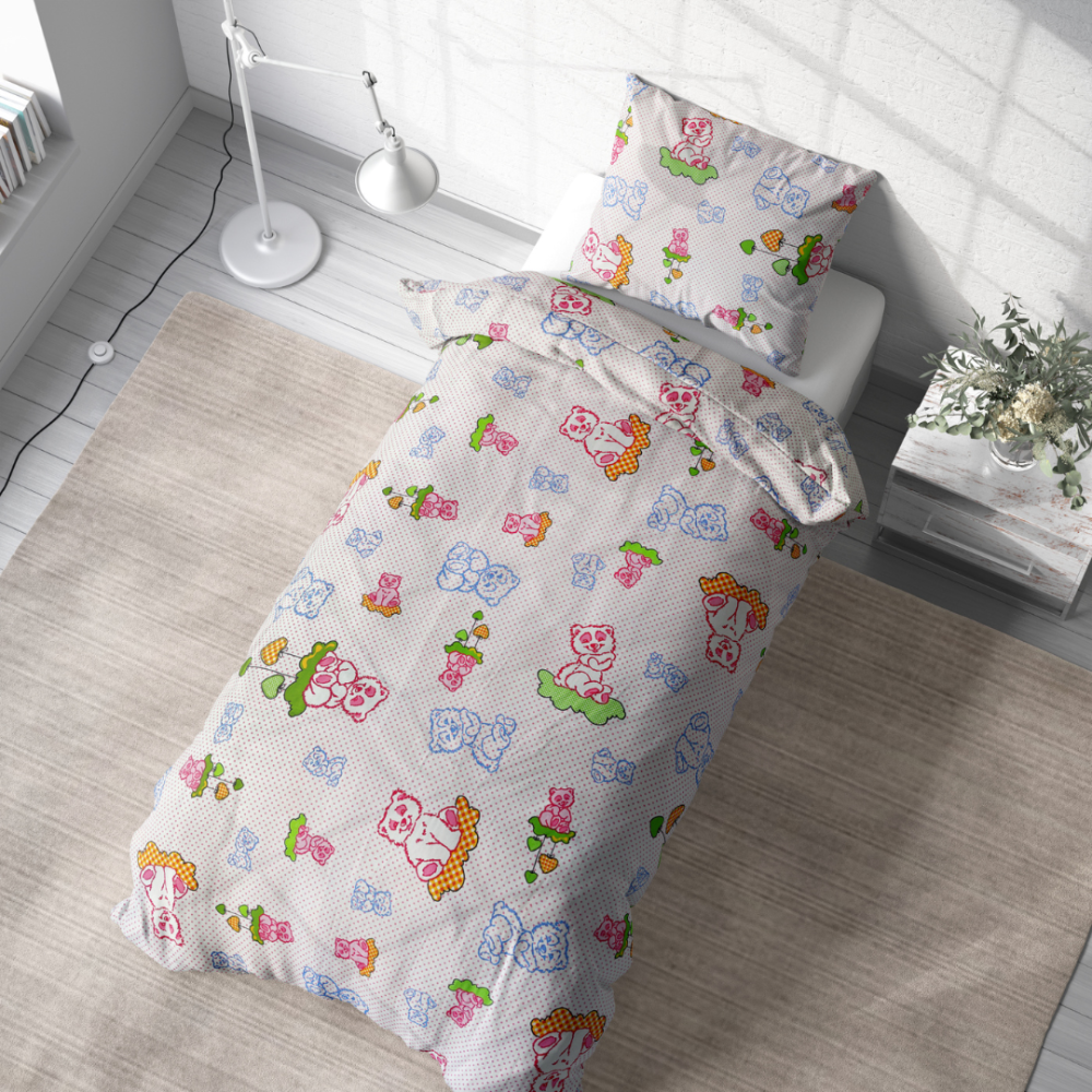 Children’s Bedding Set „Rose bears”. Kids bedding, 140x200 cm. Cheerful bedding set with colorful squares and cartoon bears.