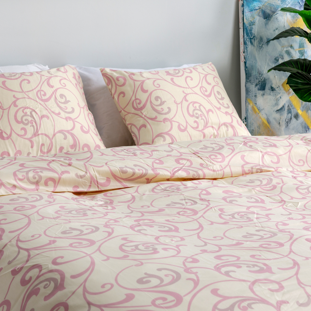 Premium Sateen Bedding Set „Pink curls“. Pink bedding, 160x200 cm, 200x200 cm, 200x220 cm