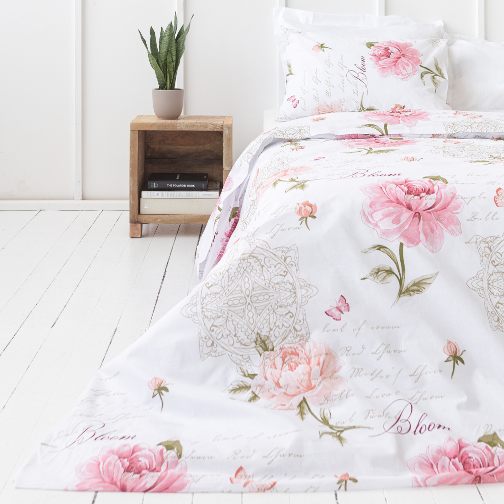 Bedding Set „Bloom“. Bedding sets with plants, 140x200 cm. Floral bedding for a girl's room
