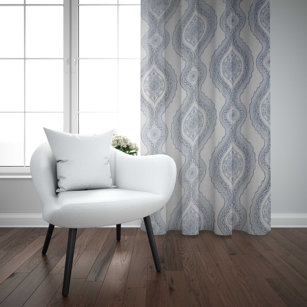 Day curtains “Trellis”, 140x260 cm. Elegant light blue curtain featuring detailed dark blue ornament pattern