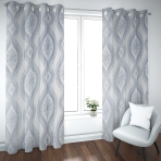 Day curtains “Trellis”, 140x260 cm. Light blue curtain with intricate dark blue ornament pattern, adding elegance to your space.