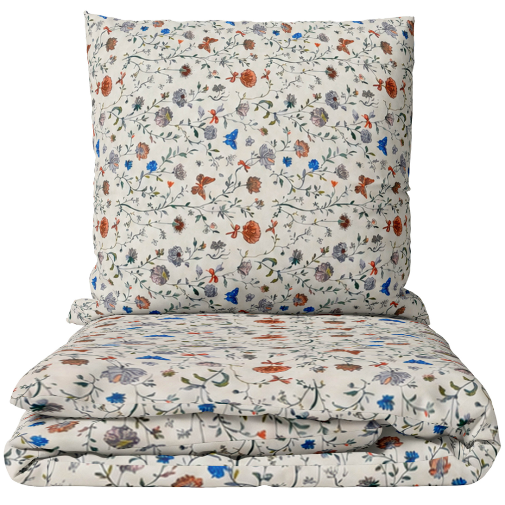 Double duvet cover sets „Countryside“. Green bedding set, 200x200 cm, 200x220 cm. Light cream bedding set with a colourful small flower and butterfly pattern Double duvet cover sets „Countryside“. Green bedding set, 200x200 cm, 200x220 cm. Light cream bedding set with a colourful small flower and butterfly pattern