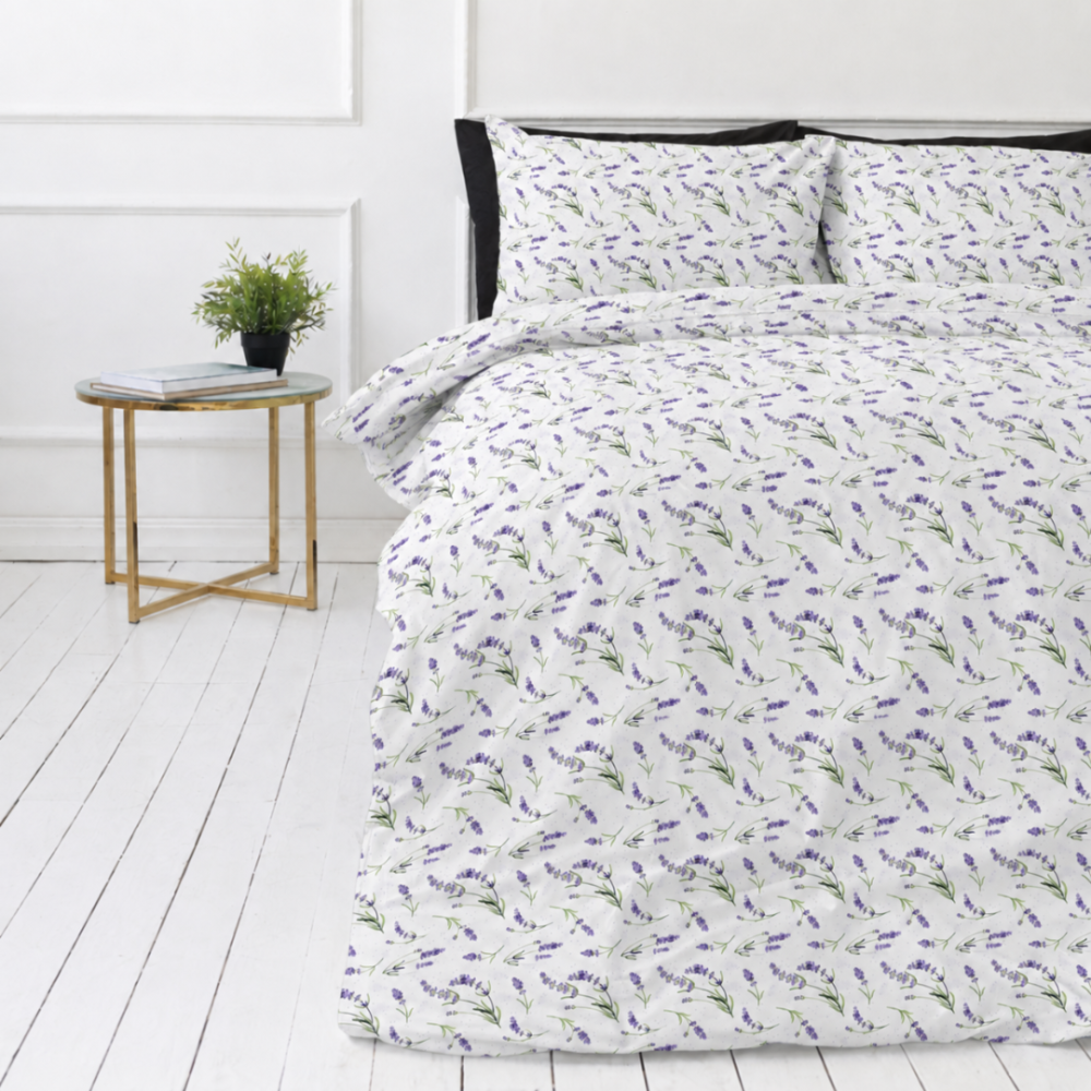 Double duvet cover sets „Lavender Breeze“. Bedding sets with plants, 200x200 cm, 200x220 cm. Light bedding design with small purple lavender flowers Double duvet cover sets „Lavender Breeze“. Bedding sets with plants, 200x200 cm, 200x220 cm. Light bedding design with small purple lavender flowers