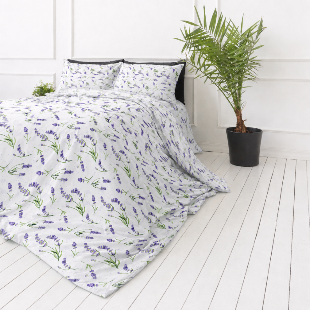 Double duvet cover sets „Lavender Breeze“. Bedding sets with plants, 200x200 cm, 200x220 cm. White bedding set decorated with purple lavender and green leaves Double duvet cover sets „Lavender Breeze“. Bedding sets with plants, 200x200 cm, 200x220 cm. White bedding set decorated with purple lavender and green leaves