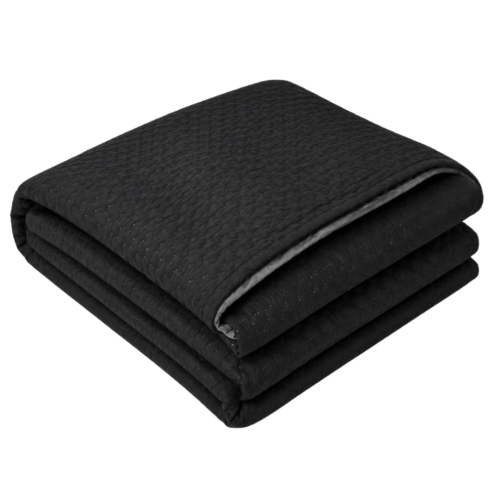 Double-sided bedspread “Black Trapuntino Bedspread”. Blankets, 170x250 cm, 200x250 cm. The surface of the black and gray reversible bedspread is decorated with a subtle deep rectangular pattern. Double-sided bedspread “Black Trapuntino Bedspread”. Blankets, 170x250 cm, 200x250 cm. The surface of the black and gray reversible bedspread is decorated with a subtle deep rectangular pattern.