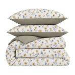 Seersucker bedding set „Meadowbrook“. Microfiber bedding sets, 200x200 cm, 200x220 cm. Bedding set with yellowish flowers and grey-blue leaves on a white background.