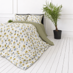 Seersucker bedding set „Meadowbrook“. Microfiber bedding sets, 200x200 cm, 200x220 cm. Pillowcases with yellowish and grey-blue floral motifs on a white background.