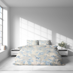 Cotton seersucker bedding set „Ice Lily“. Gray bedding sets, 140x200 cm, 160x200 cm, 200x200 cm, 200x220 cm, 220x240 cm. Bedding set with a blue and white floral pattern that brings a sense of calm and softness to your bedroom.