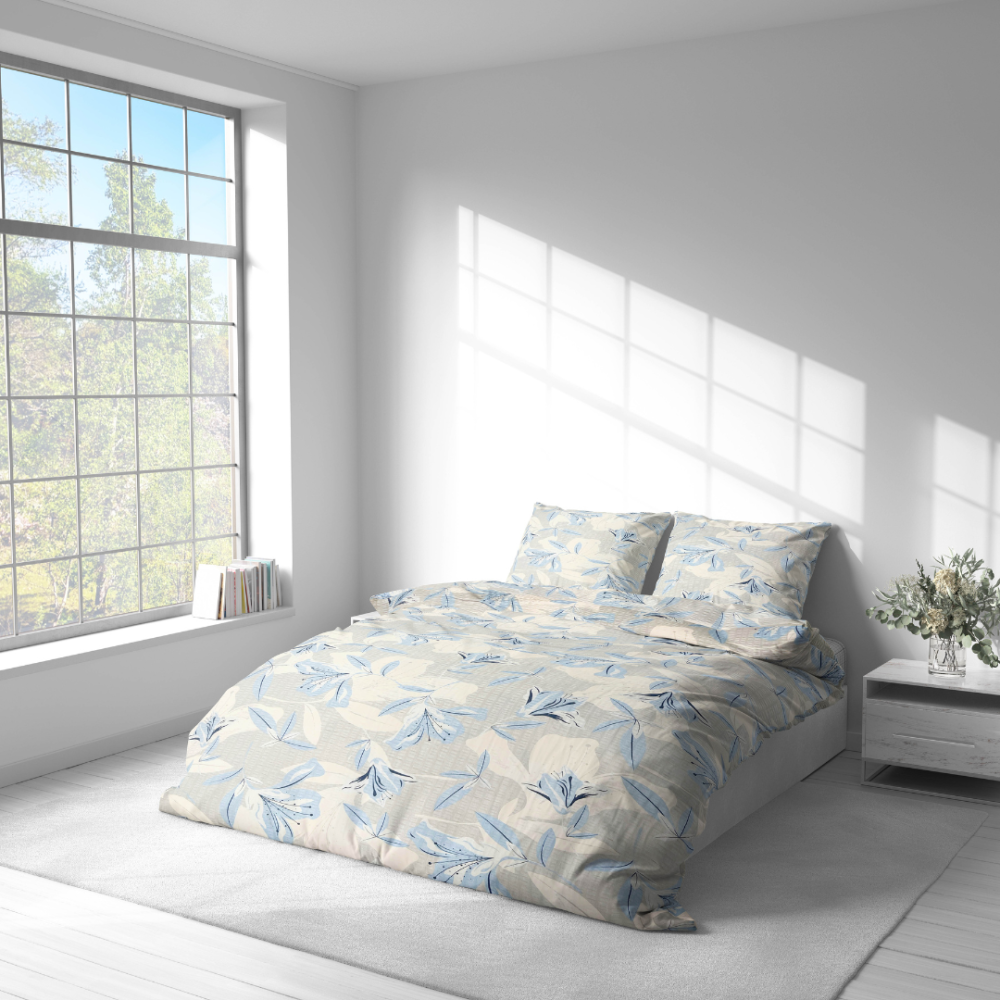 Cotton seersucker bedding set „Ice Lily“. Gray bedding sets, 140x200 cm, 160x200 cm, 200x200 cm, 200x220 cm, 220x240 cm. Light and soft bedding set with a subtle floral pattern, perfect for a bright and cozy sleep.