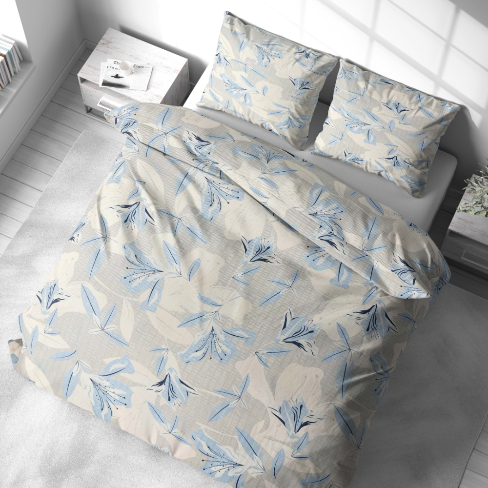Cotton seersucker bedding set „Ice Lily“. Gray bedding sets, 140x200 cm, 160x200 cm, 200x200 cm, 200x220 cm, 220x240 cm. Elegant bedding set with floral design, perfectly matching any interior and ensuring sleeping comfort.