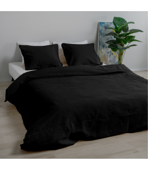 Cotton seersucker bedding set „Kora Black“. Cotton bedding sets