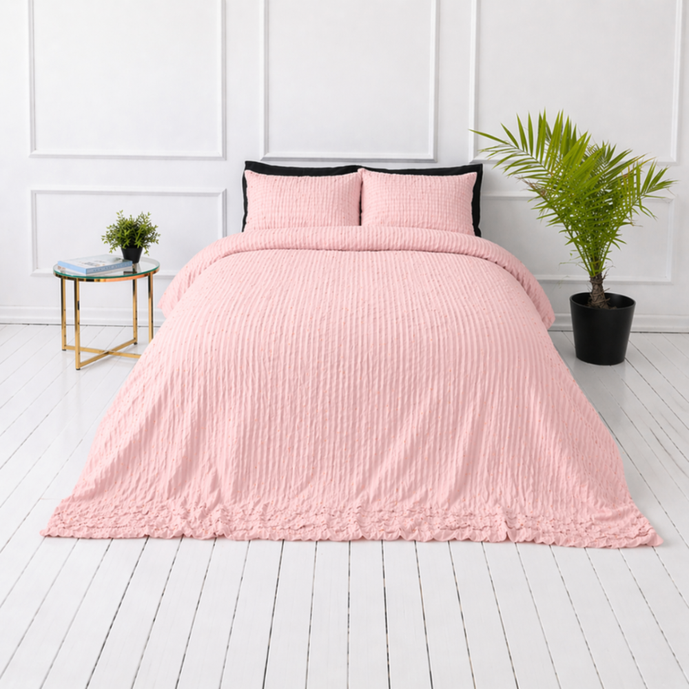Cotton seersucker bedding set "Kora Dusty Rose". Seersucker bedding sets, 140x200 cm, 150x200 cm, 160x200 cm, 180x200 cm, 200x200 cm, 200x220 cm. Pastel pink bedding set without distinct pattern