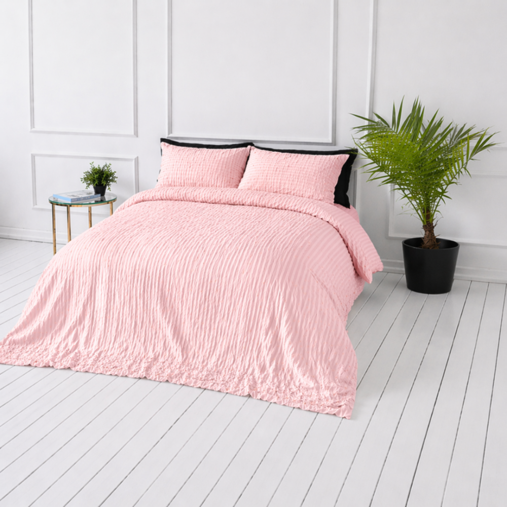 Cotton seersucker bedding set "Kora Dusty Rose". Seersucker bedding sets, 140x200 cm, 150x200 cm, 160x200 cm, 180x200 cm, 200x200 cm, 200x220 cm. Powder pink bedding set for modern bedroom