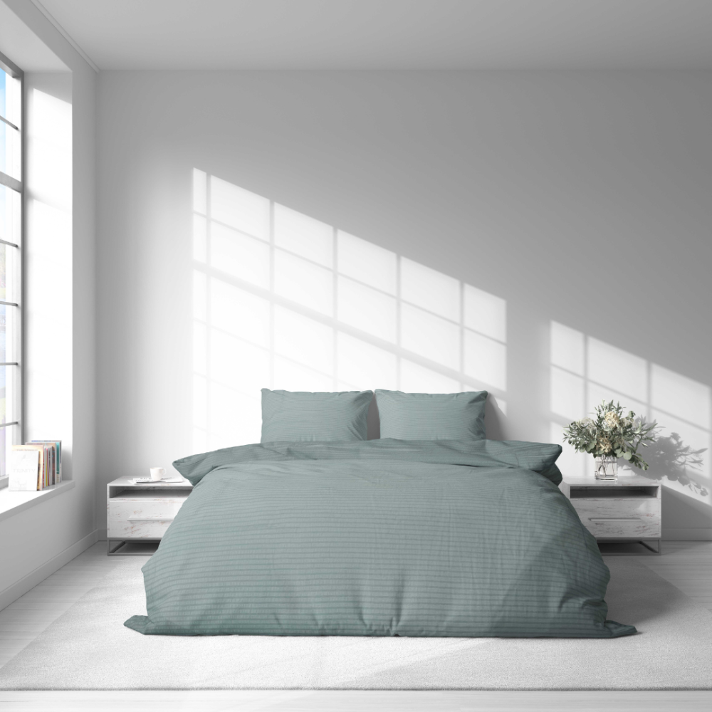 Cotton seersucker bedding set "Kora Jade". Bedding sets 155x200, 140x200 cm, 150x200 cm, 160x200 cm, 180x200 cm, 200x200 cm, 200x220 cm. Pastel gray-green bedding set for minimalist interior