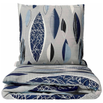 Cotton seersucker bedding set „Kora Indigo Drift“. Gray bedding sets, 140x200 cm, 160x200 cm, 200x200 cm, 200x220 cm, 220x240 cm. Abstract bedding set with blue and dark blue leaf silhouettes on a light gray background.