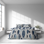 Cotton seersucker bedding set „Kora Indigo Drift“. Gray bedding sets, 140x200 cm, 160x200 cm, 200x200 cm, 200x220 cm, 220x240 cm. Light gray bedding with a modern leaf pattern in shades of blue.