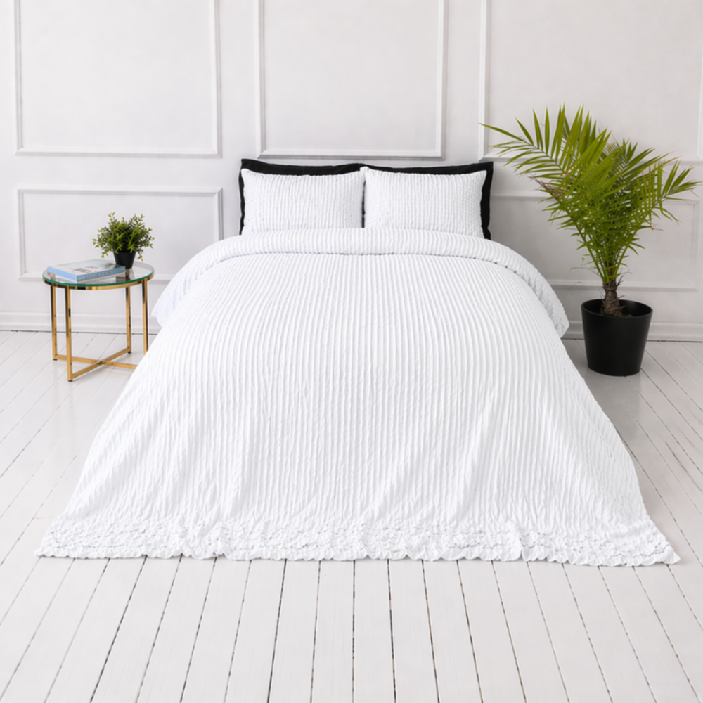 Cotton seersucker bedding set „Kora White“. Bedding sets 155x200, 140x200 cm, 150x200 cm, 160x200 cm, 180x200 cm, 200x200 cm, 200x220 cm, 220x240 cm