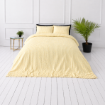 Cotton seersucker bedding set „Kora Yellow“. Bedding sets 155x200, 140x200 cm, 150x200 cm, 160x200 cm, 180x200 cm, 200x200 cm, 200x220 cm, 220x240 cm. Natural tone bedding set with two pillows.