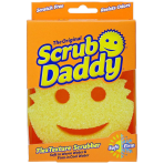 Sponge „Scrub Daddy Yellow“. Yellow scrub daddy sponge with a smiling face, designed for versatile cleaning, firm in cold water, soft in warm water.