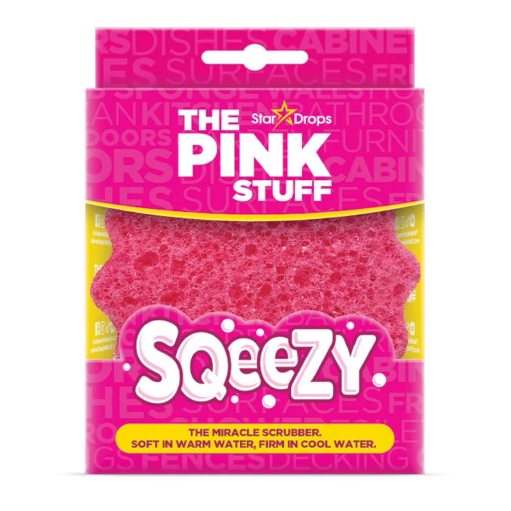 Sponge „Sqeezy pink the pink stuff“. Pink stuff sponge: softens with warm water for gentle cleaning, hardens with cold water for tough scrubbing, versatile for all surfaces. Sponge „Sqeezy pink the pink stuff“. Pink stuff sponge: softens with warm water for gentle cleaning, hardens with cold water for tough scrubbing, versatile for all surfaces.