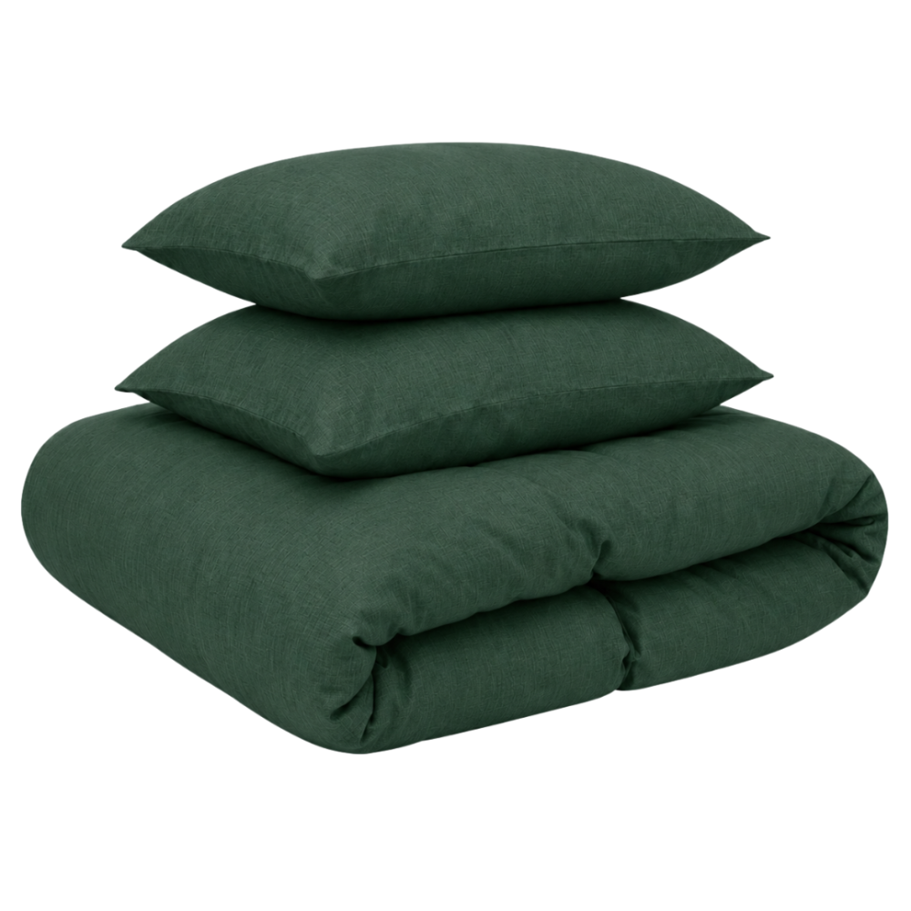 Linen bedding set „Linen Dark Green“. Bedding sets 150x200, 140x200 cm, 150x200 cm, 160x200 cm, 180x200 cm, 200x200 cm, 200x220 cm, 220x240 cm. The bed is covered in dark green linen with two pillows in a light interior. Linen bedding set „Linen Dark Green“. Bedding sets 150x200, 140x200 cm, 150x200 cm, 160x200 cm, 180x200 cm, 200x200 cm, 200x220 cm, 220x240 cm. The bed is covered in dark green linen with two pillows in a light interior.
