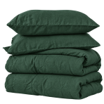 Linen bedding set „Linen Dark Green“. Bedding sets 150x200, 140x200 cm, 150x200 cm, 160x200 cm, 180x200 cm, 200x200 cm, 200x220 cm, 220x240 cm. The bed is covered in dark green linen with two pillows in a light interior. Linen bedding set „Linen Dark Green“. Bedding sets 150x200, 140x200 cm, 150x200 cm, 160x200 cm, 180x200 cm, 200x200 cm, 200x220 cm, 220x240 cm. The bed is covered in dark green linen with two pillows in a light interior.