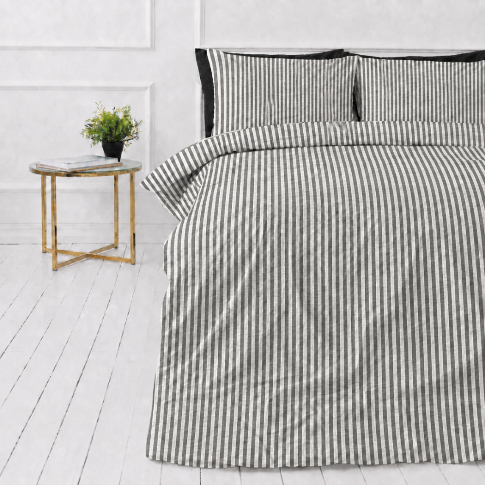 Linen Bedding Set „Linen Grey Stripes“. Bedding sets 150x200, 140x200 cm, 150x200 cm, 160x200 cm, 180x200 cm, 200x200 cm, 200x220 cm, 220x240 cm. Elegant bedding set with grey and white stripes.