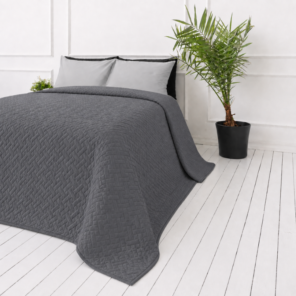 Bedspread “Bedspread Graphite”. Blankets, 210x240 cm. Graphite-coloured bedspread with a dense repeating woven-style pattern Bedspread “Bedspread Graphite”. Blankets, 210x240 cm. Graphite-coloured bedspread with a dense repeating woven-style pattern