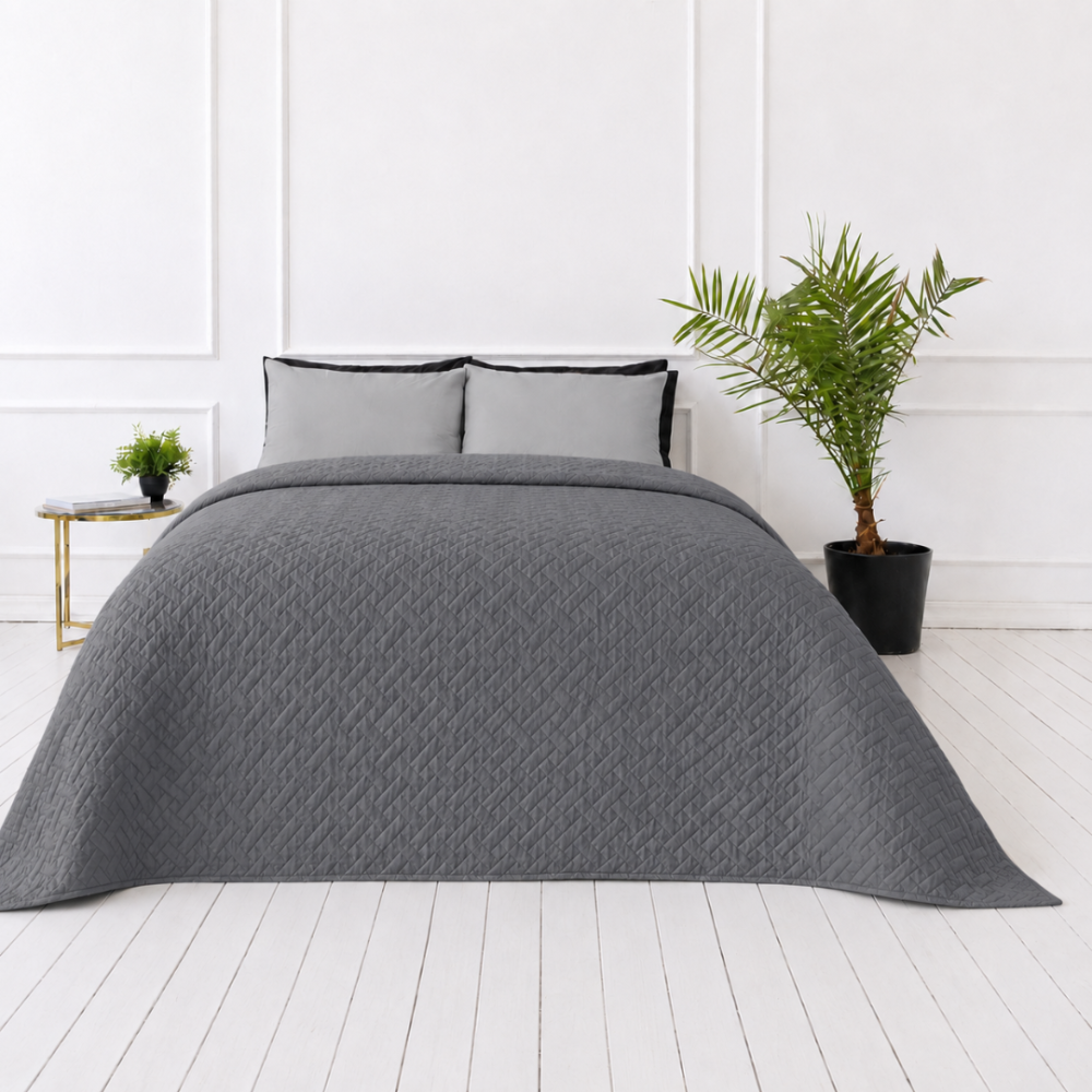 Bedspread “Bedspread Graphite”. Blankets, 210x240 cm. Dark grey bedspread with a subtle geometric embossed texture Bedspread “Bedspread Graphite”. Blankets, 210x240 cm. Dark grey bedspread with a subtle geometric embossed texture