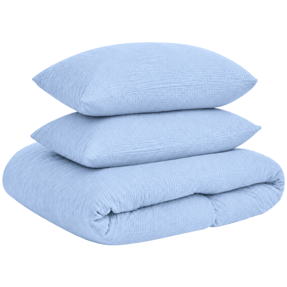 Muslin bedding set „Blue muslin“. Bedding sets, 140x200 cm, 150x200 cm, 160x200 cm. Solid light blue bedding set with a fine crinkled texture. Muslin bedding set „Blue muslin“. Bedding sets, 140x200 cm, 150x200 cm, 160x200 cm. Solid light blue bedding set with a fine crinkled texture.