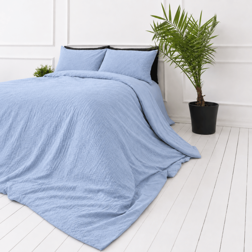 Muslin bedding set „Blue muslin“. Bedding sets, 140x200 cm, 150x200 cm, 160x200 cm. Soft sky blue duvet cover and matching pillowcases. Muslin bedding set „Blue muslin“. Bedding sets, 140x200 cm, 150x200 cm, 160x200 cm. Soft sky blue duvet cover and matching pillowcases.