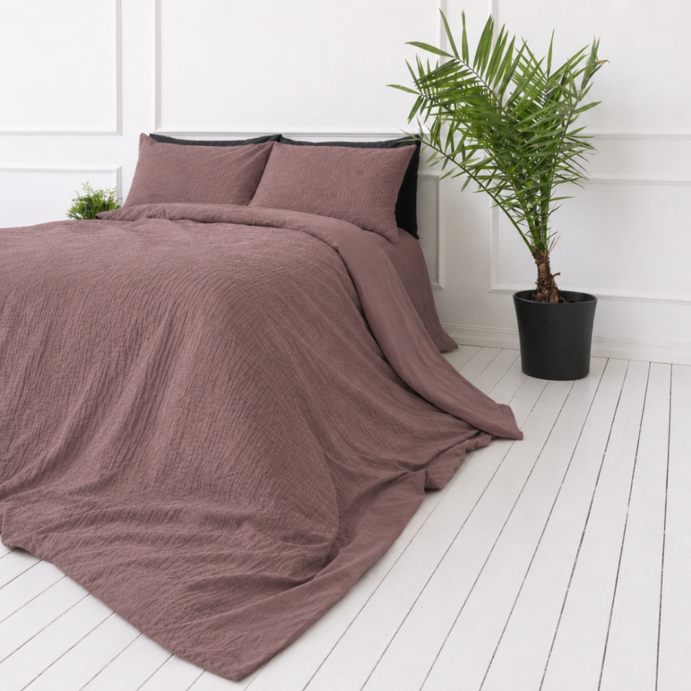 Muslin bedding set „Brown muslin“. Bedding sets, 200x200 cm, 200x220 cm. Solid warm brown bedding set with a subtle texture