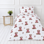 Muslin bedding set „Fluffy Bear muslin“. Bedding sets, 140x200 cm, 150x200 cm, 160x200 cm. Brown teddy bears, pink seashells and small stars arranged on a white background. Muslin bedding set „Fluffy Bear muslin“. Bedding sets, 140x200 cm, 150x200 cm, 160x200 cm. Brown teddy bears, pink seashells and small stars arranged on a white background.