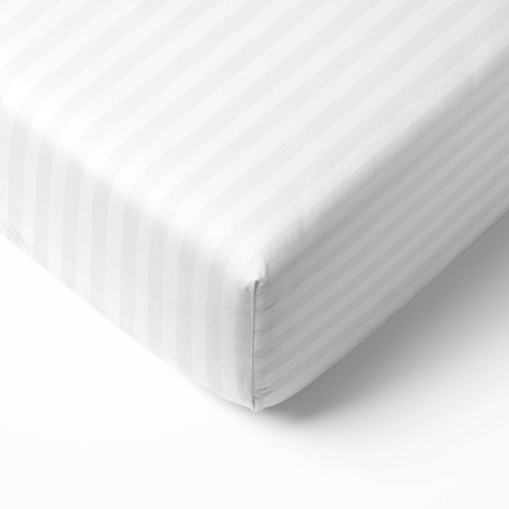 Bed Sheet „White Stripes“, 150x220 cm, 200x220 cm, 220x240 cm. White sheet without elastic, featuring a beautiful striped pattern, ensures comfort and a stylish accent for your bed.
