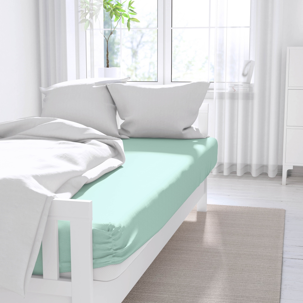 Fitted Sheet „Spring Dew“. Fitted sheets 160x200, 80x200 cm, 90x200 cm, 140x200 cm, 160x200 cm, 180x200 cm. Pastel green bed sheet with elastic