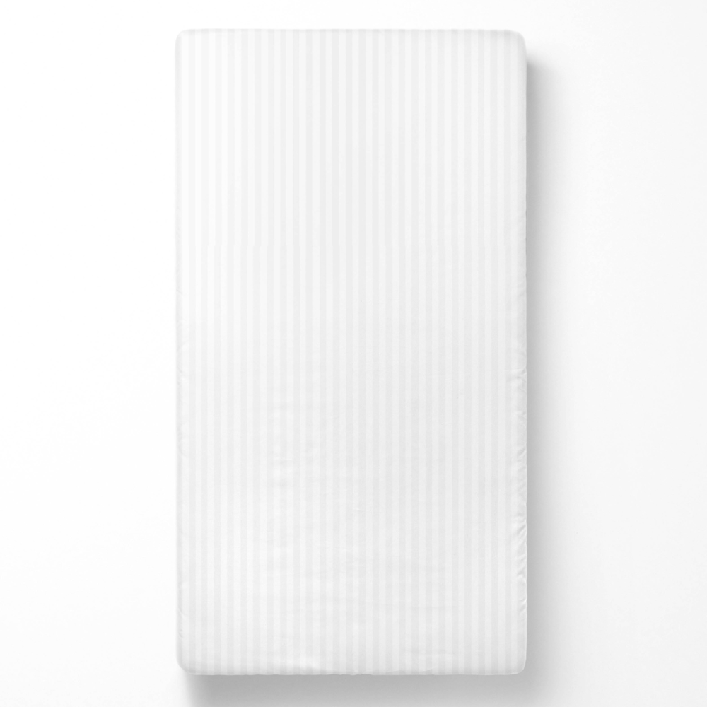 Fitted Sheet „White Stripes“. Fitted sheets 90x200, 90x200 cm, 140x200 cm, 160x200 cm, 180x200 cm. Soft white fitted sheet with an elegant striped design that adds modernity to your bed.