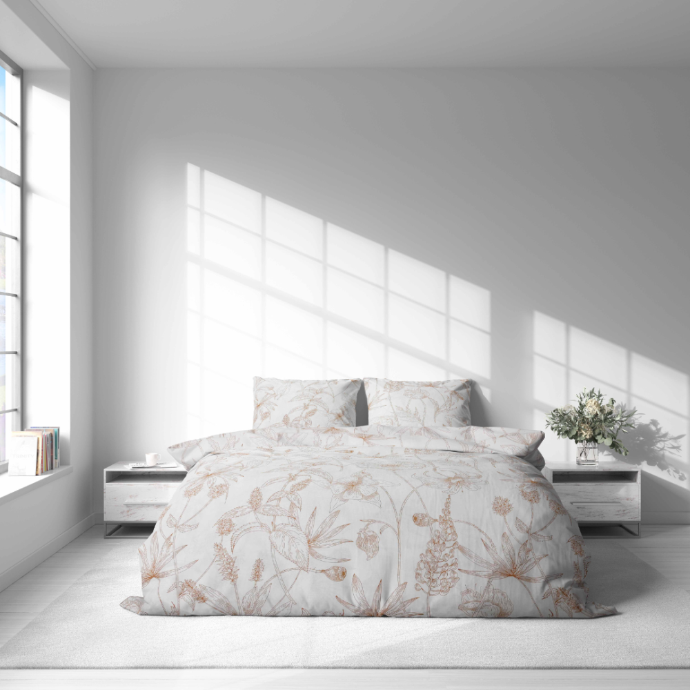 Bedding Set „Aubrielle“. Bedding sets 155x200, 140x200 cm, 150x200 cm, 160x200 cm, 180x200 cm, 200x200 cm, 200x220 cm, 220x240 cm. Soft-toned bedding set with botanical contour motifs
