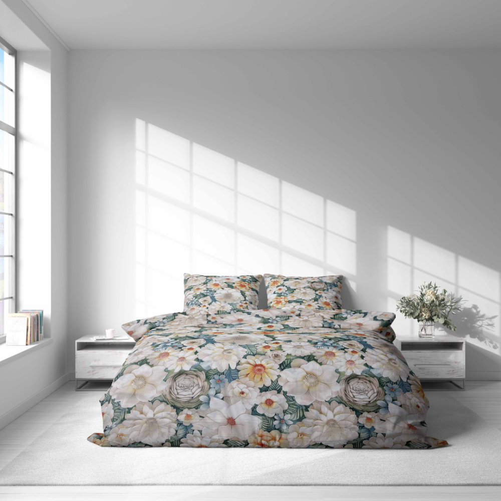 Bedding Set „Aurelian“. Bedding sets 155x200, 140x200 cm, 150x200 cm, 160x200 cm, 180x200 cm, 200x200 cm, 200x220 cm. Bedding set with a rich floral pattern in pastel shades
