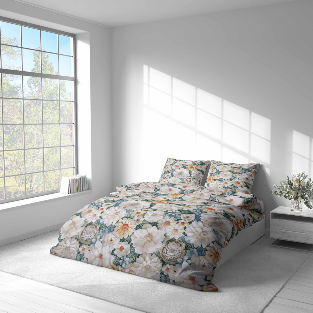 Bedding Set „Aurelian“. Bedding sets 155x200, 140x200 cm, 150x200 cm, 160x200 cm, 180x200 cm, 200x200 cm, 200x220 cm. Bedding set with multicolored flowers on a soft greenish background