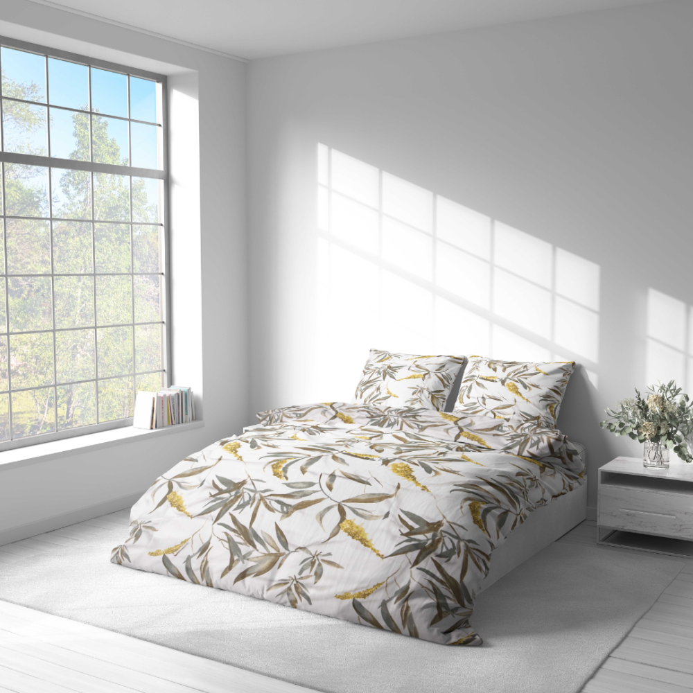 Bedding Set „Auric“. Bedding sets 155x200, 140x200 cm, 150x200 cm, 160x200 cm, 180x200 cm, 200x200 cm, 200x220 cm. Light background bedding with olive leaf pattern.