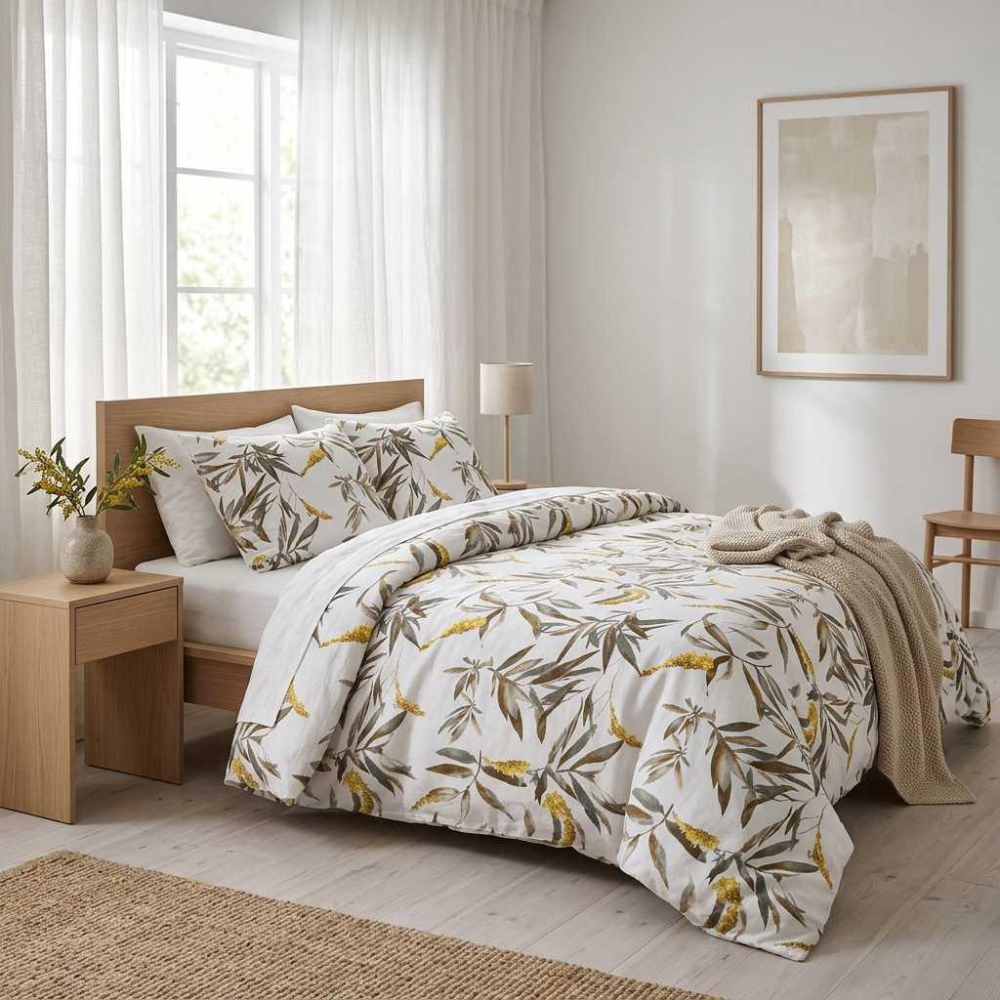 Bedding Set „Auric“. Bedding sets 155x200, 140x200 cm, 150x200 cm, 160x200 cm, 180x200 cm, 200x200 cm, 200x220 cm. Botanical pattern bedding set with green and beige leaves in a modern minimalist bedroom