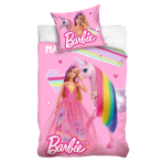 Bedding Set „Barbie“. Kids bedding, 140x200 cm. Pink bedding set adorned with barbie and unicorn motifs for a magical touch.