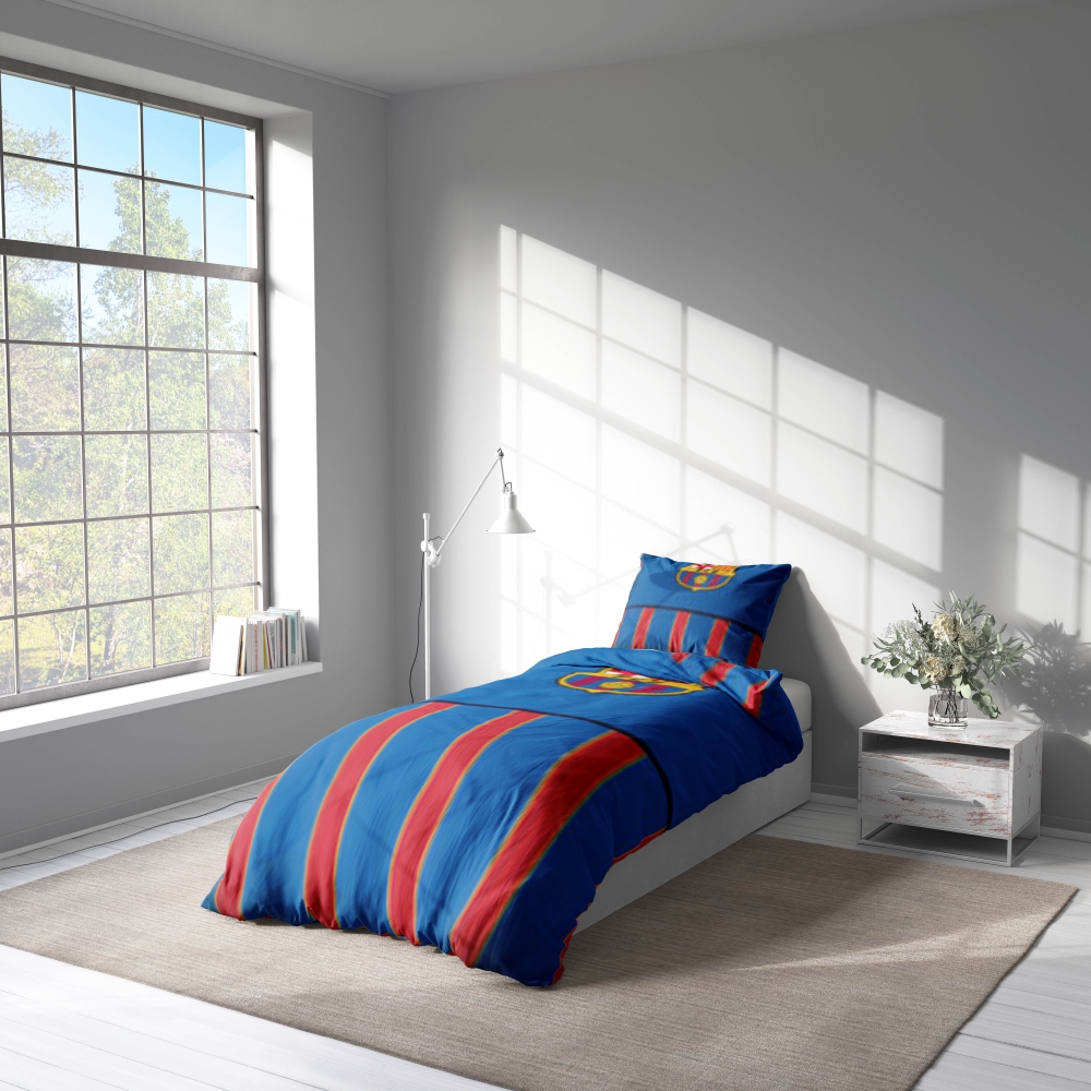 Bedding Set „Barcelona“. Cotton bedding sets, 140x200 cm. Blue bedding with red stripes