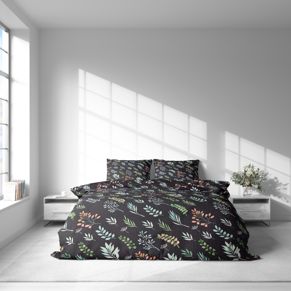 Bedding Set „Silent Canopy“. Bedding sets 155x200, 140x200 cm, 150x200 cm, 160x200 cm, 200x200 cm, 200x220 cm, 220x240 cm. Elegant, nature-inspired bedding design in the bedroom